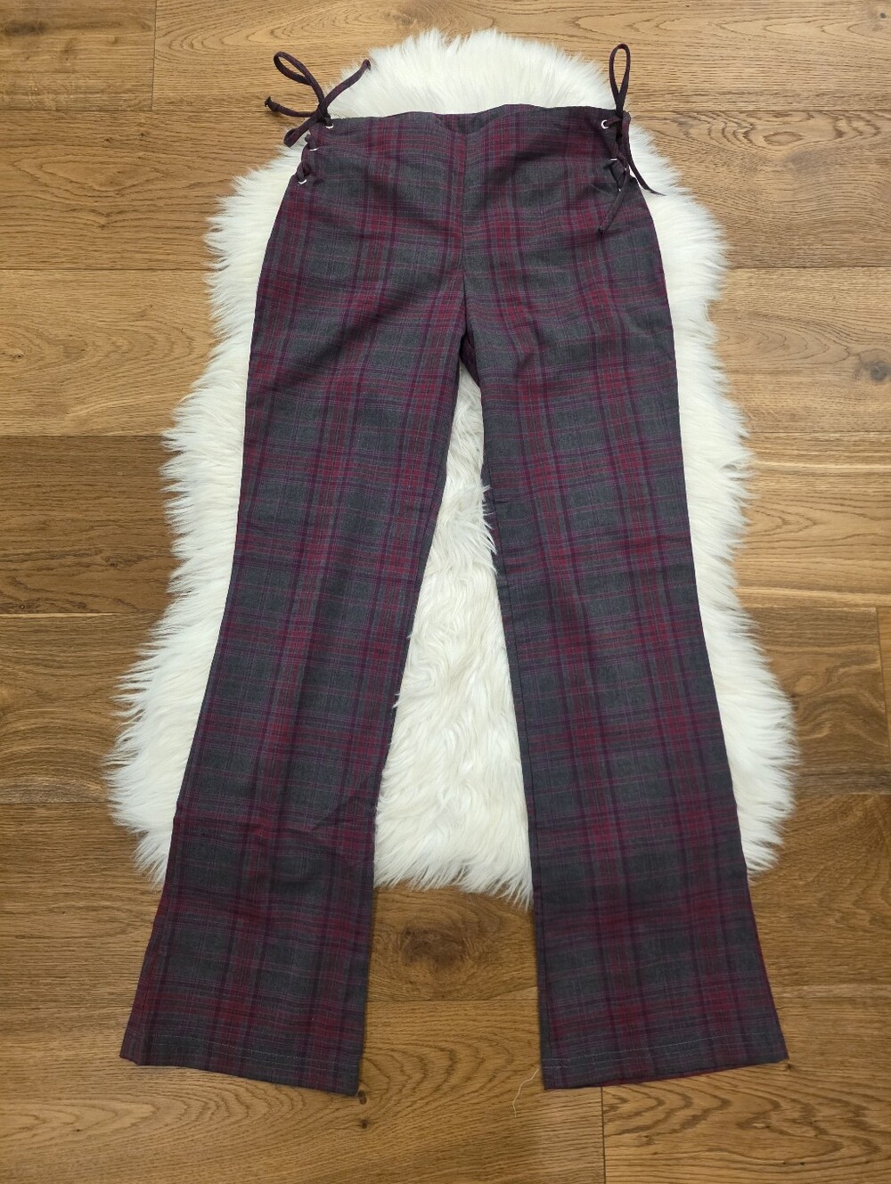 Vintage Low Rise Plaid Lace-Up Waist Wide Leg Pants - Burgundy & Gray